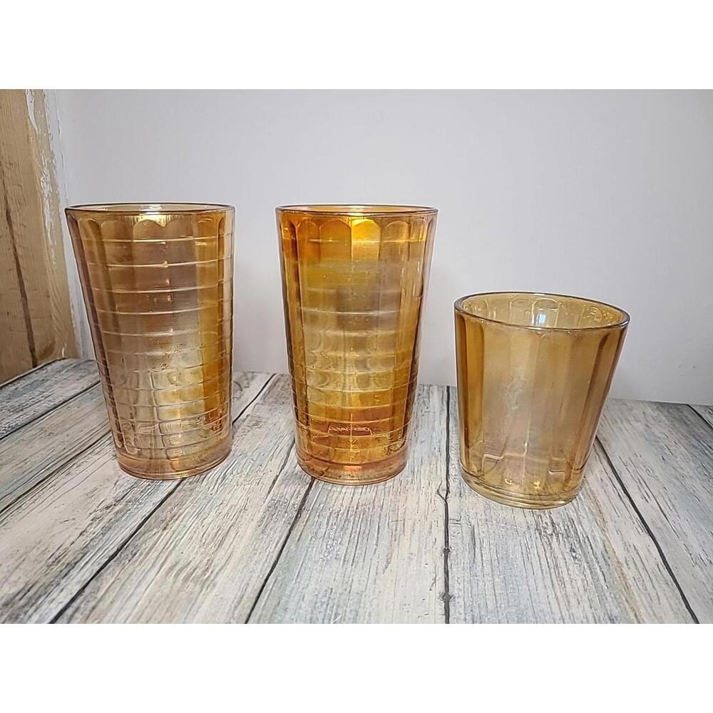 3 Antique Marigold Carnival Glasses Two Large One Small. Swirl Design